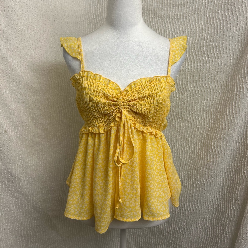 Pink Lily Yellow Smocked Tank S Ruffle Tie Front Babydoll Coquette Spring Floral
